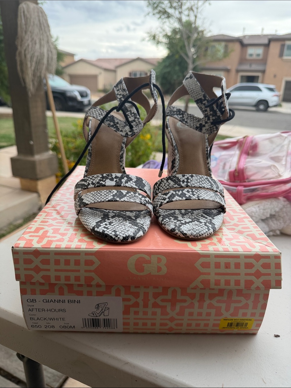Gianni Bini Black and White Snakeskin Ankle-Tie Heels